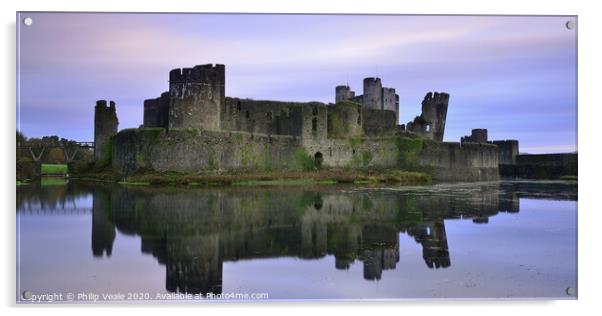 Caerphilly Castle's Mirrored Beauty at Dawn. Acrylic by Philip Veale