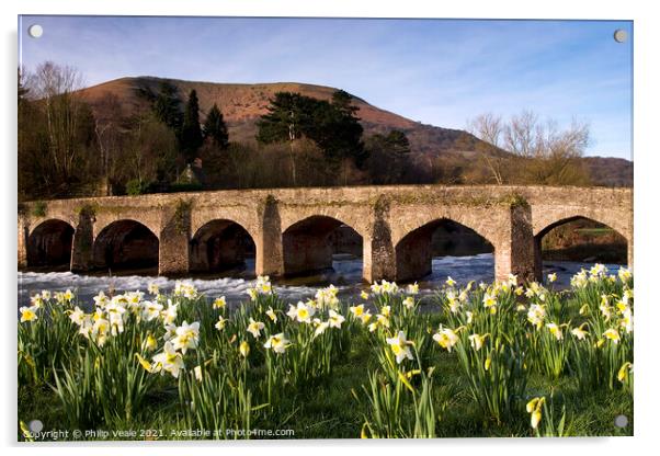 Llanfoist Bridge and Daffodils at Sunrise. Acrylic by Philip Veale