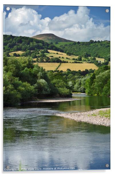 Sugar Loaf and River Usk Summer's Embrace. Acrylic by Philip Veale