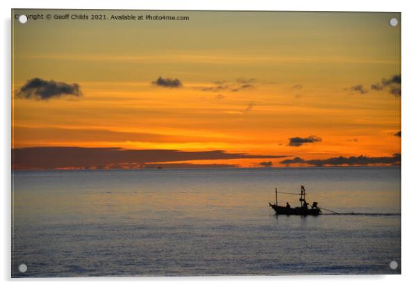 Tropical nautical sunrise seascape with fishing boat silhouette. Acrylic by Geoff Childs