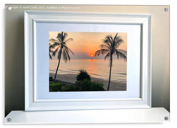 Photo of a framed wall art sunrise picture. Acrylic by Geoff Childs