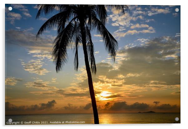 Tropical sunrise seascape with a palm tree silhouette in a blue  Acrylic by Geoff Childs