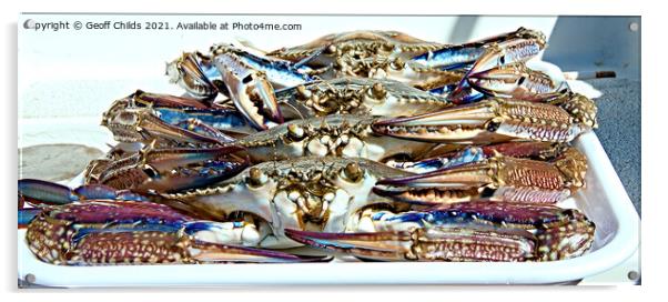 Live Blue SWimmer Crab. Ready for the cooking pot. Acrylic by Geoff Childs