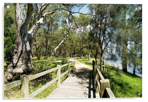 Gum Tree Walk Footbridge. Acrylic by Geoff Childs