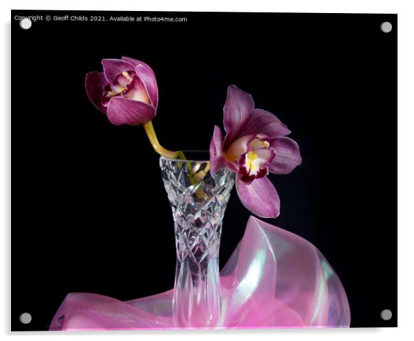  Pretty purple Cymbidium Orchid in a Vase on black Acrylic by Geoff Childs