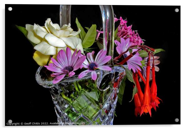  Cut Glass Vase full of mixed colourful fresh flowers.  Acrylic by Geoff Childs