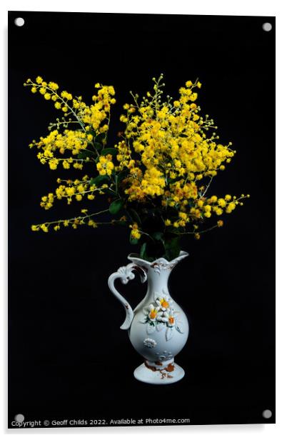 Wattle blossoms in a white ceramic vase on black. Acrylic by Geoff Childs