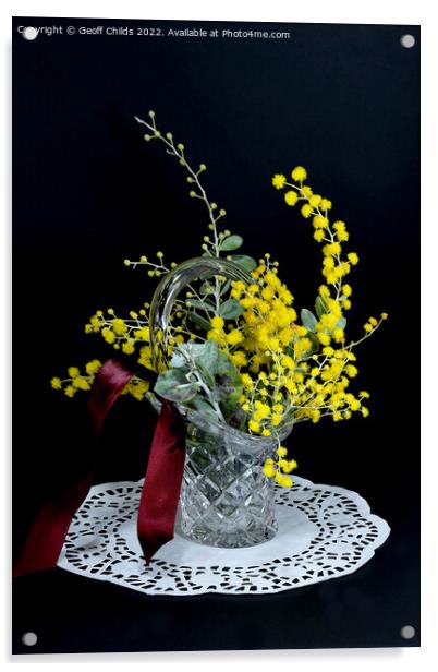 Wattle blossoms in a crystal glass vase vase on black. Wattle da Acrylic by Geoff Childs