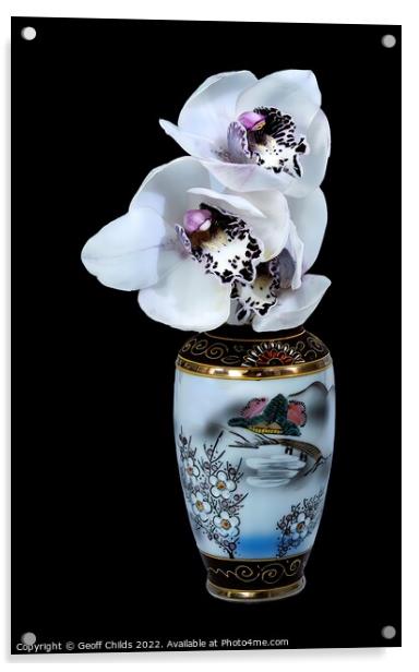  White Cymbidium Orchids in a vase on black. Acrylic by Geoff Childs