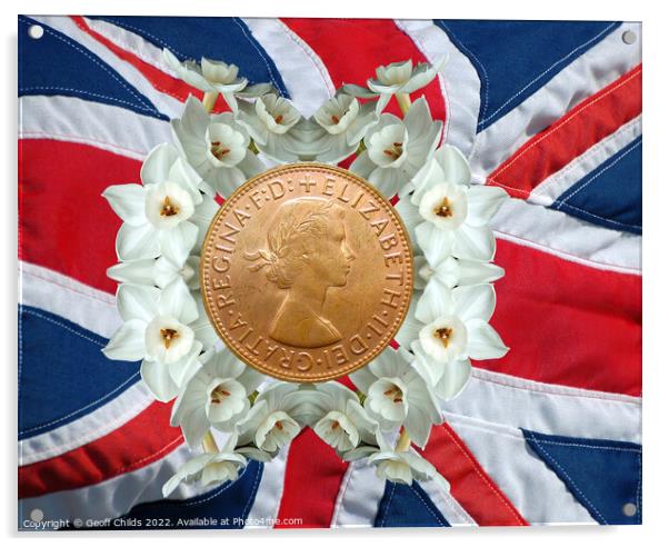 Memorial image of Queen Elizabeth on the Union Jack. Acrylic by Geoff Childs