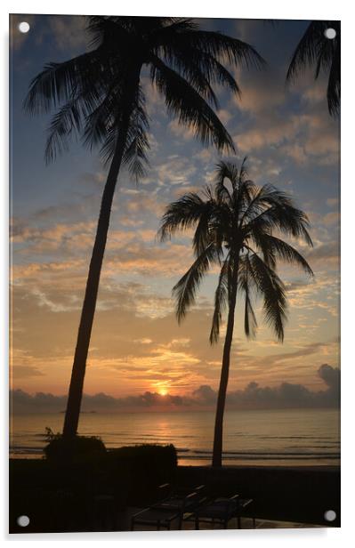 Tropical sunrise seascape with Palm trees at Huay Yang , Thailand. Acrylic by Geoff Childs