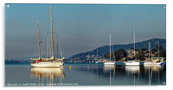 Gosford waterfront Yacht Reflections.  Acrylic by Geoff Childs