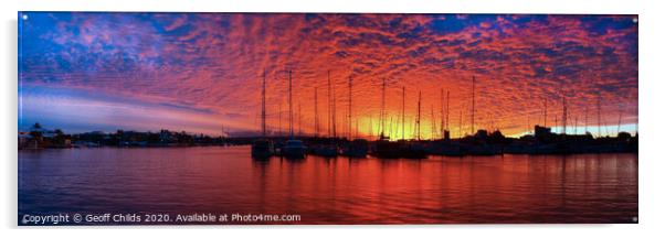 Crimson Ocean Marina Sunset Panorama.  Acrylic by Geoff Childs