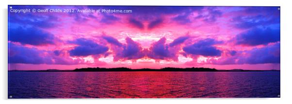 Pink cloudy sunset over water. Acrylic by Geoff Childs