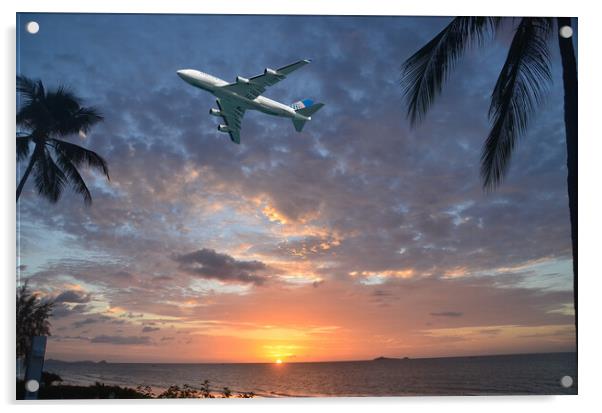 Aircraft flying in tropical dawn sky. Thailand. Acrylic by Geoff Childs