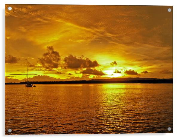 Golden coastal cloudy sunrise seascape. Acrylic by Geoff Childs