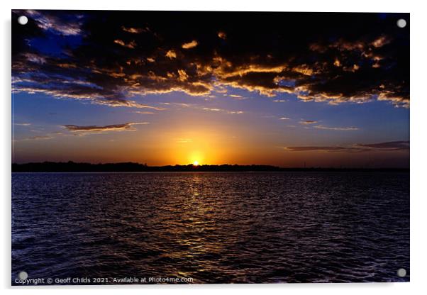 Dramatic gold and blue sunset seascape. Acrylic by Geoff Childs