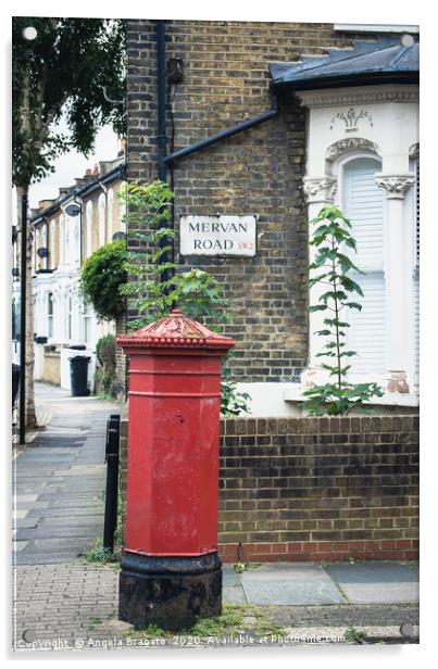 Red post box in Mervan Road, London Acrylic by Angela Bragato