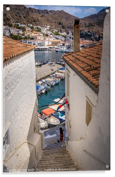 Rooftops and marina of Hydra. Acrylic by Chris North