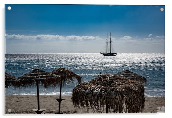 Yacht, at anchor off shore at Platis Gialos, Sifnos. Acrylic by Chris North