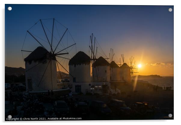 Sunset over the Windmills of Mykonos. Acrylic by Chris North