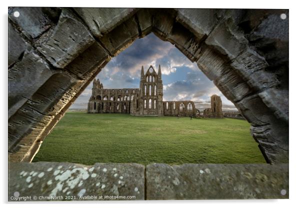 Saint Hildas Abbey Whitby seen through a ruined Gothic arch. Acrylic by Chris North