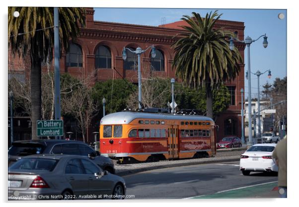 Trolley bus driving on the Embarcadero, San Francisco. Acrylic by Chris North