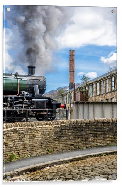 Steam engine departing Keighley station. Acrylic by Chris North