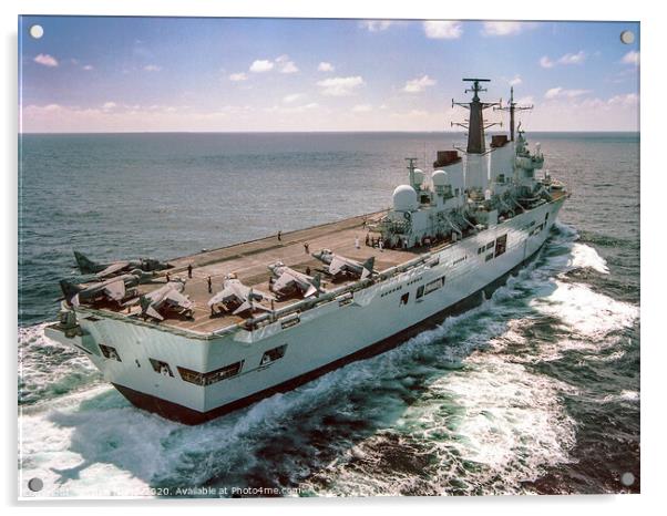 Harrier jump jets arranged on the stern of HMS Ark Royal. Acrylic by Chris North