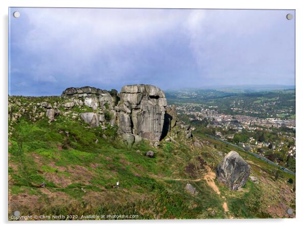 The Cow and Calf rocks and Ilkley town. Acrylic by Chris North