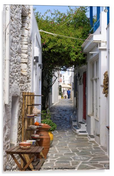Dryopida backstreet, Kythnos Island Greece. Acrylic by Chris North