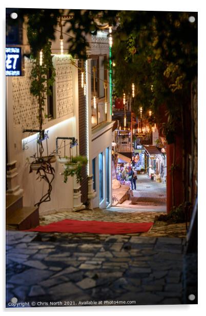 Backstreet Kalkan by night, Turkey. Acrylic by Chris North