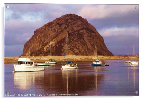 Morro Rock with boats in foreground Acrylic by Robert M. Vera
