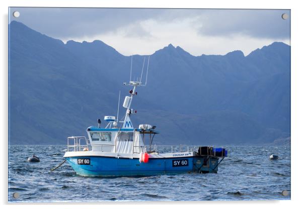 Fishing Boat in Elgol Harbour & Cuillins Mountains Acrylic by Maarten D'Haese