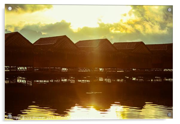 Beautiful sunrise over wooden lake huts Acrylic by  