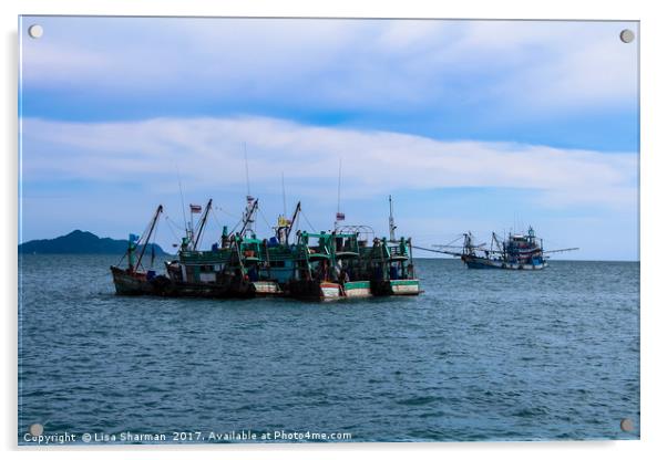 Fishing boats at sea in Thailand Acrylic by  