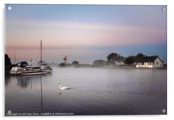 Thurne Dyke Misty Sunrise Norfolk Broads Acrylic by Jim Key