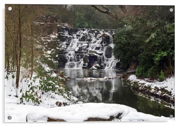 Snow covered Winter Cascades at Virginia Water. Acrylic by Dave Williams