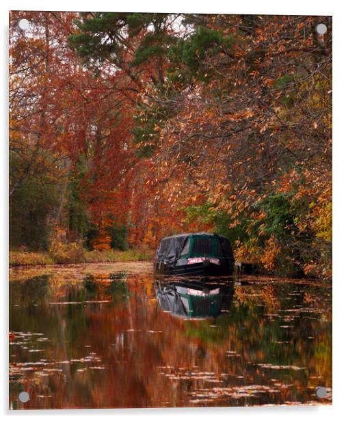 Autumnal Canal Barge Reflections Acrylic by Dave Williams