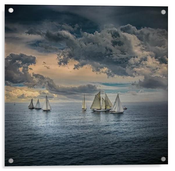 Yachts sailing in calm seas with dramatic skies in Acrylic by Dave Williams