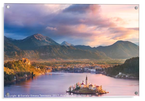 Lake Bled and its island at sunrise Acrylic by Daniela Simona Temneanu