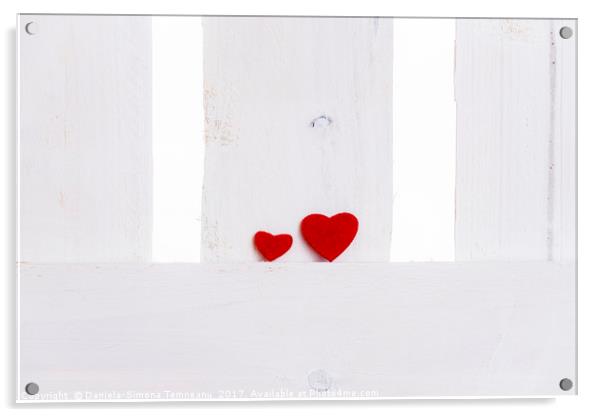 Big and small red hearts on a fence Acrylic by Daniela Simona Temneanu