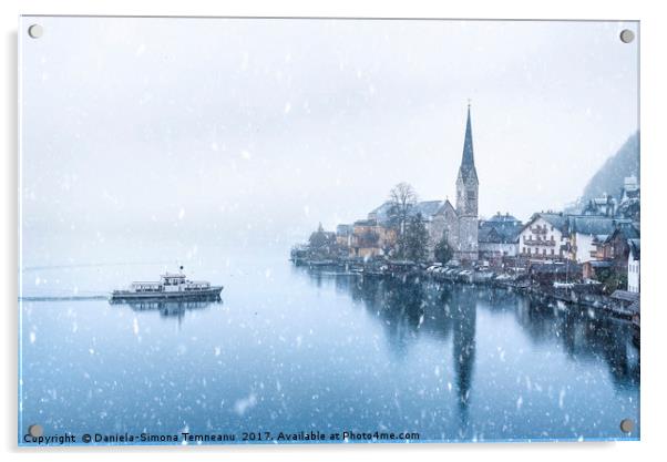 Hallstatt town and a boat under snowfall Acrylic by Daniela Simona Temneanu