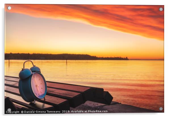 Alarm clock and sunrise over Lake Constance Acrylic by Daniela Simona Temneanu