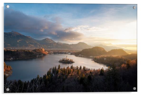 Bled landscape with island, lake and Julian Alps at sunrise in Slovenia Acrylic by Daniela Simona Temneanu