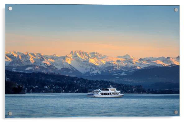 Zurich lake and swiss alps at sunset Acrylic by Daniela Simona Temneanu