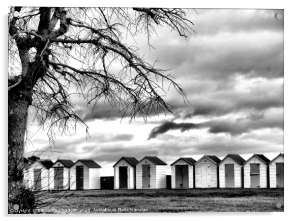 Beach Huts in Black and White -End of the season Acrylic by Elizabeth Chisholm