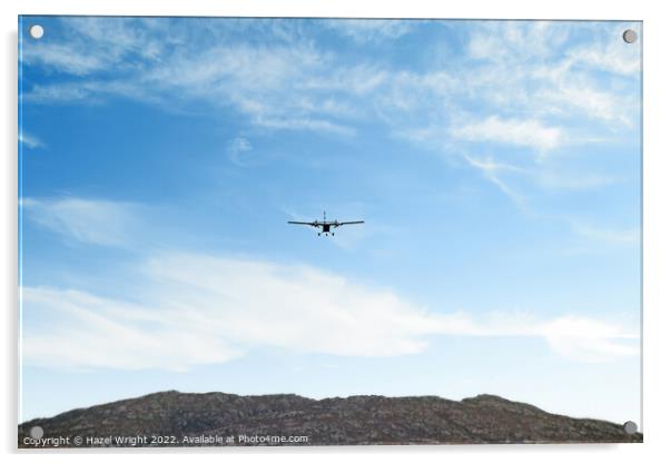Plane landing, Barra airport Acrylic by Hazel Wright