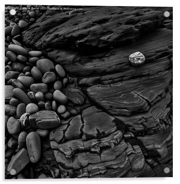 Rocks on the beach at Sandymouth (mono) Acrylic by Derek Daniel