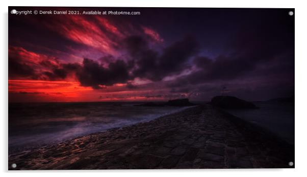 Bude Breakwater Sunset Acrylic by Derek Daniel